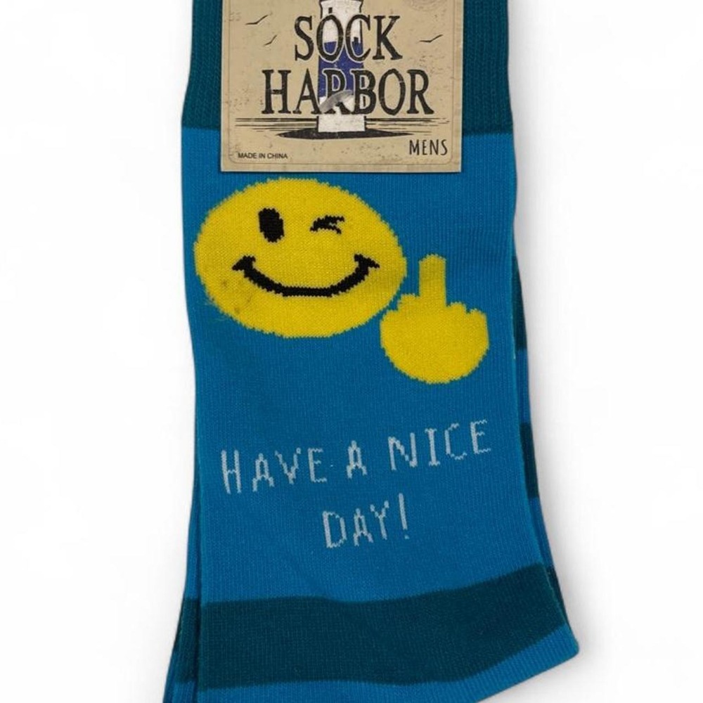 Turquoise Smiley pair "Have a Nice Day" sassy Men's Crew Socks, Sock Harbor.
